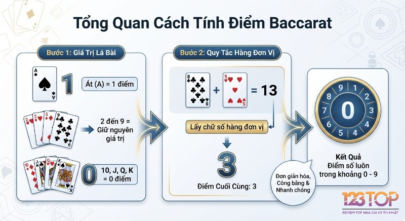 Tổng quan quy trình tổng điểm baccarat tính như nào qua 2 bước cụ thể: xác định giá trị lá bài và áp dụng quy tắc hàng đơn vị để có điểm cuối cùng từ 0-9