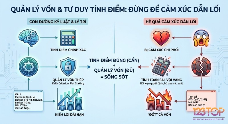 Biểu đồ phân tích Quản lý vốn và tư duy tính điểm, đối lập con đường kỷ luật & lý trí với hệ quả cảm xúc dẫn lối để tránh đốt vốn