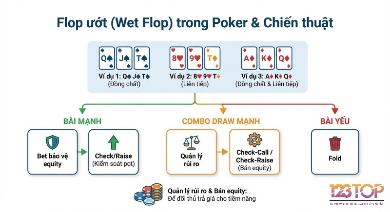 Sơ đồ chiến thuật xử lý Flop ướt trong Poker: bài mạnh, combo draw, bài yếu giúp quản lý rủi ro và bán equity tối ưu