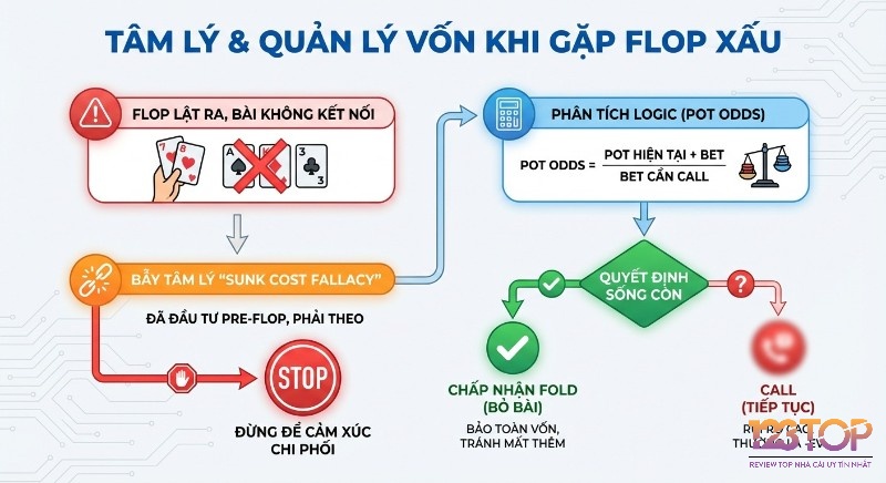 Biểu đồ quy trình quản lý tâm lý và vốn khi flop xấu, hướng dẫn dùng Pot Odds để ra quyết định fold tránh Sunk Cost Fallacy