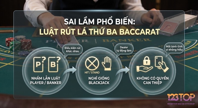 Tổng hợp các sai lầm phổ biến luật rút lá thứ ba Baccarat: nhầm lẫn Player Banker, nghĩ giống Blackjack và không được can thiệp