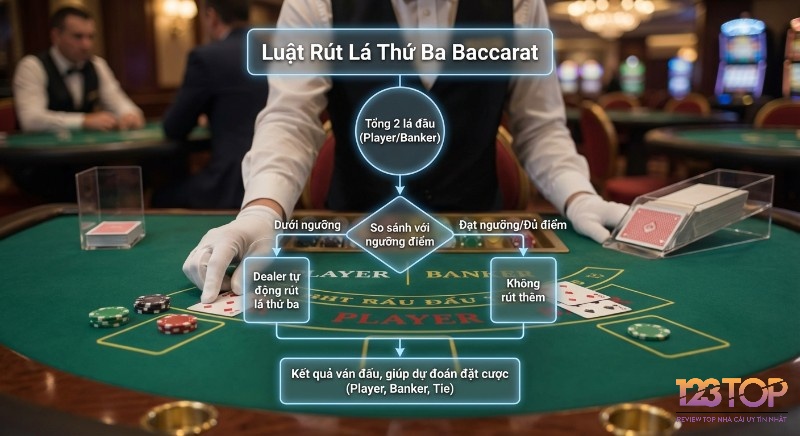 Sơ đồ quy trình luật rút lá thứ ba Baccarat giúp hiểu rõ khi nào Player/Banker rút bài và dự đoán kết quả cược, từ đó nắm chắc khi nào rút lá thứ ba baccarat