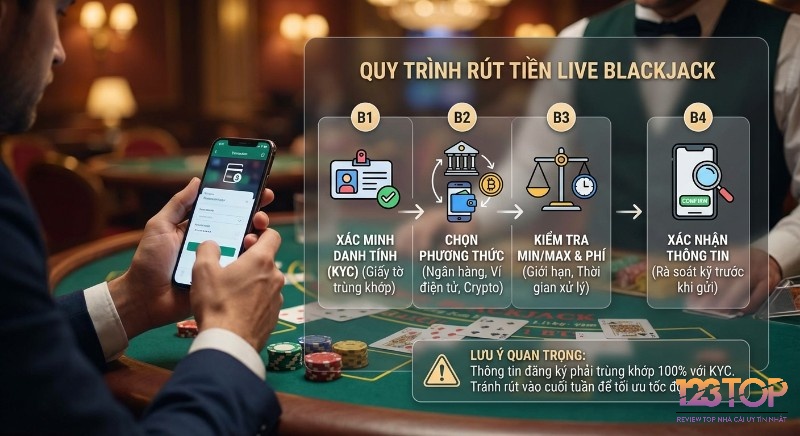 Quy trình 4 bước rút tiền thắng Live Blackjack, từ xác minh KYC đến chọn phương thức, kiểm tra phí và xác nhận thông tin giao dịch
