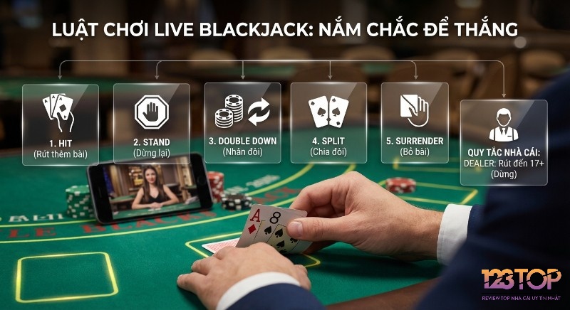 Hướng dẫn chi tiết các hành động chiến lược (Hit, Stand, Double Down, Split, Surrender) và luật nhà cái trong Live Blackjack là gì