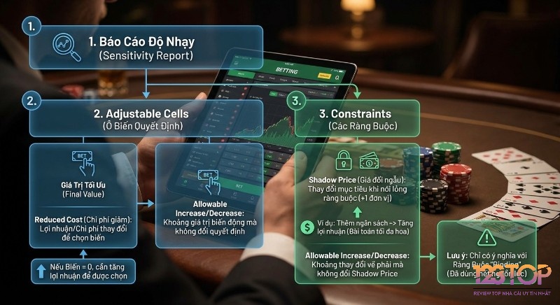 Sơ đồ 3 bước phân tích Báo cáo Độ nhạy: Ô biến quyết định, Ràng buộc, Giá đối ngẫu và Reduced Cost – tất cả đều liên quan trực tiếp đến cách đọc output solver