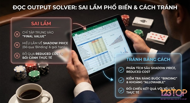 Sơ đồ hướng dẫn đọc output Solver tránh sai lầm: không chỉ Final Value, mà còn Shadow Price, Reduced Cost và bối cảnh thực tế