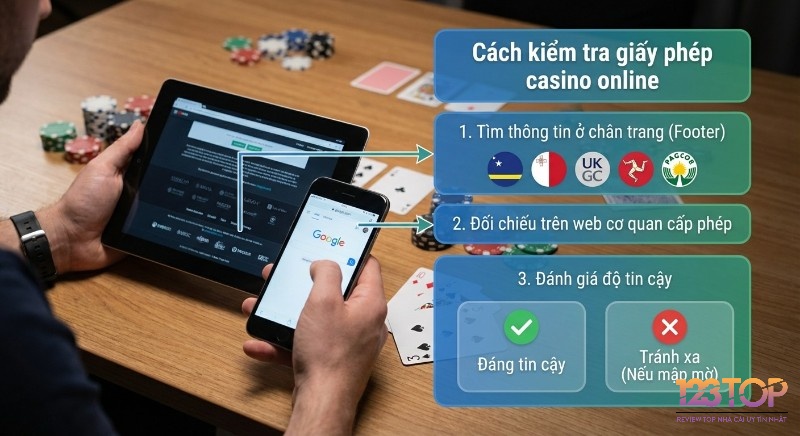 Quy trình 3 bước kiểm tra giấy phép casino online: tìm thông tin ở footer, đối chiếu website cơ quan cấp phép để đánh giá uy tín
