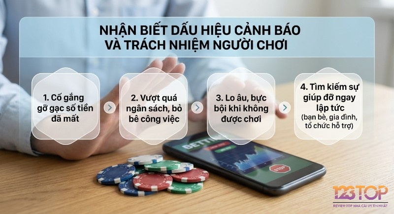 Checklist 4 dấu hiệu cảnh báo và trách nhiệm người chơi giúp nhận diện khi cố gắng gỡ gạc, vượt ngân sách, bỏ bê công việc, và cần tìm sự giúp đỡ