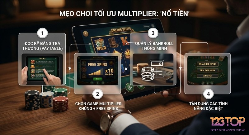 Quy trình 4 bước tối ưu Multiplier giúp biến nổ hũ thành nổ tiền, từ đọc paytable đến tận dụng tính năng đặc biệt