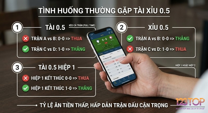 Minh họa các tình huống đặt cược Tài Xỉu 0.5 cả trận và hiệp 1 chi tiết, giúp người chơi hiểu cách thắng thua