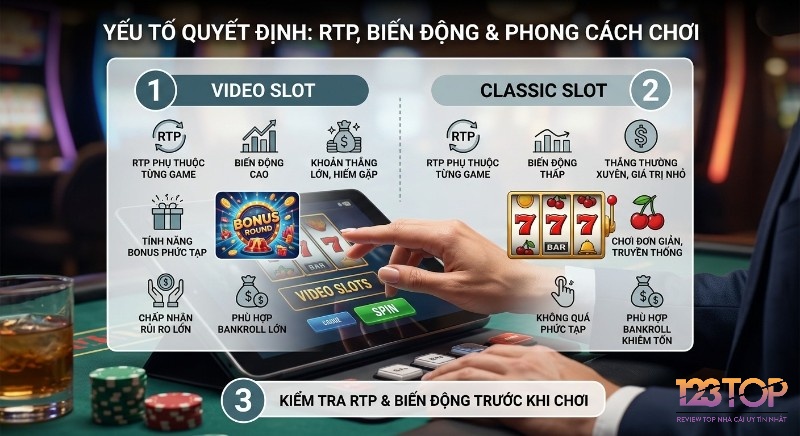 Hướng dẫn lựa chọn video slot hoặc classic slot dựa trên RTP, biến động và phong cách chơi, kèm lời khuyên kiểm tra trước khi cược