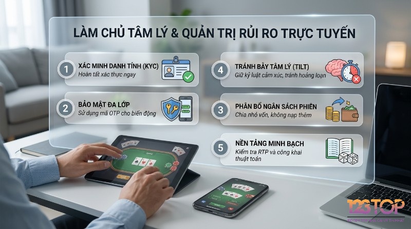 Làm chủ tâm lý và quản trị rủi ro trực tuyến qua 5 nguyên tắc: xác minh danh tính, bảo mật đa lớp, phân bổ ngân sách, tránh bẫy tâm lý Tilt, chọn nền tảng minh bạch