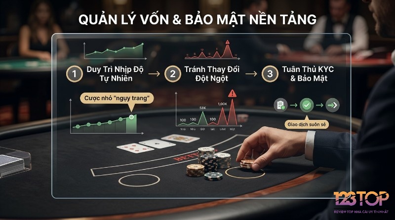 Quản lý vốn, bảo mật nền tảng: Duy trì nhịp độ cược tự nhiên, cược nhỏ ngụy trang, tránh thay đổi đột ngột, tuân thủ KYC giúp giao dịch suôn sẻ