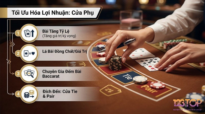 Tối ưu hóa lợi nhuận cửa phụ baccarat với chuyên gia đếm bài, đặt chip vào cửa Tie & Pair khi lá bài đồng chất/giá trị tăng, tăng giá trị kỳ vọng
