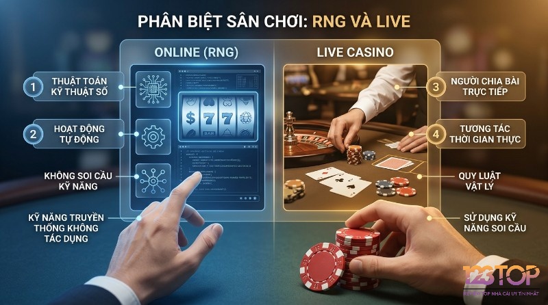 Phân biệt sân chơi RNG và Live casino, RNG dùng thuật toán kỹ thuật số, hoạt động tự động; Live có người chia bài trực tiếp, tương tác thời gian thực, quy luật vật lý.