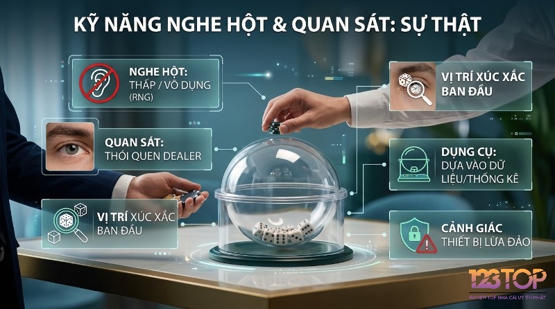 Kỹ năng nghe hột tài xỉu vô dụng, thay vào đó quan sát thói quen dealer, vị trí xúc xắc ban đầu, dựa dữ liệu và cảnh giác thiết bị lừa đảo