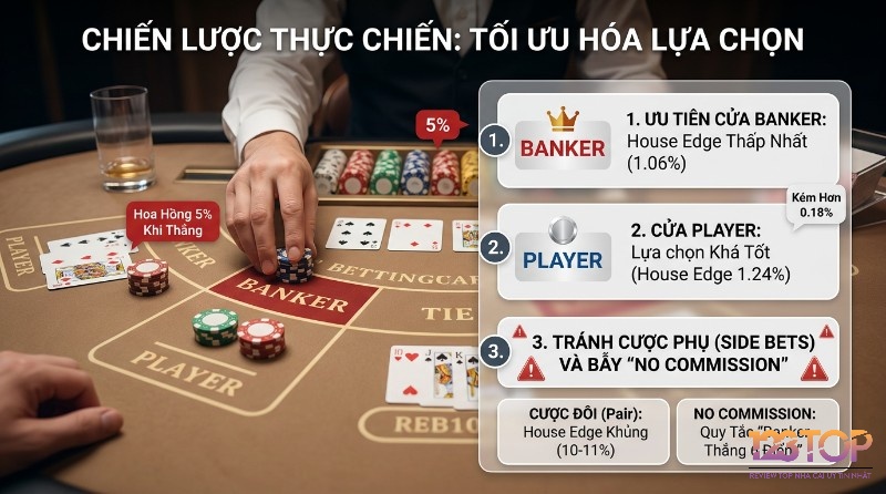 Chiến lược Baccarat tối ưu hóa lựa chọn: ưu tiên Banker (house edge 1.06%), Player (1.24%), tránh cược phụ (10-11%) và No Commission