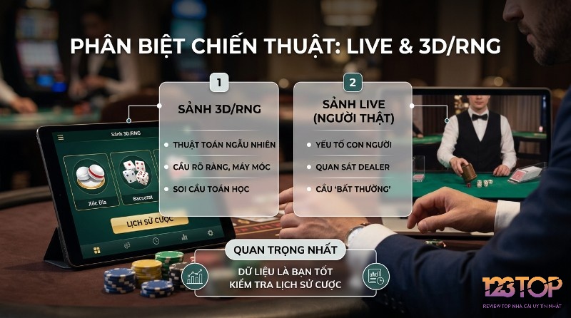 Phân biệt chiến thuật Live và 3D/RNG: 3D/RNG dựa thuật toán, cầu rõ ràng; Live có yếu tố con người, quan sát dealer