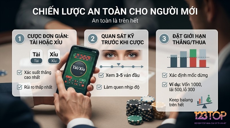 Chiến lược an toàn cho người mới với 3 bước: cược Tài/Xỉu trên điện thoại, quan sát kỹ 3-5 ván, đặt giới hạn thắng/thua vốn 1000, lãi 500, lỗ 300