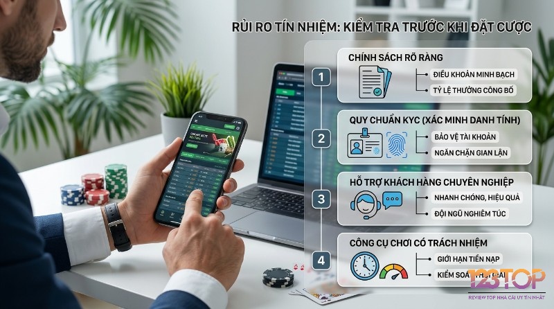 Rủi ro tín nhiệm khi đặt cược, người dùng xem ứng dụng cá cược, kiểm tra chính sách, KYC, hỗ trợ chuyên nghiệp, công cụ chơi có trách nhiệm