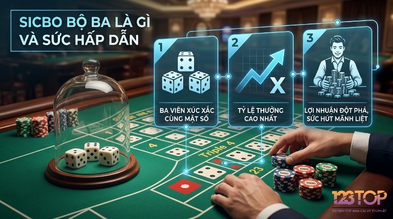 Sicbo bộ ba là gì, với ba viên xúc xắc cùng mặt số, tỷ lệ thưởng cao nhất mang lại lợi nhuận đột phá cho người chơi trên bàn cược