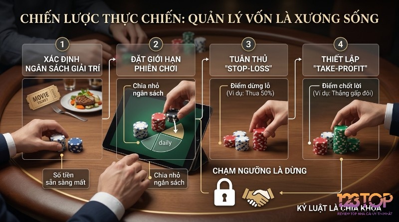 Chiến lược quản lý vốn: xác định ngân sách giải trí, giới hạn phiên chơi, tuân thủ stop-loss thua 50% và take-profit thắng gấp đôi, kỷ luật